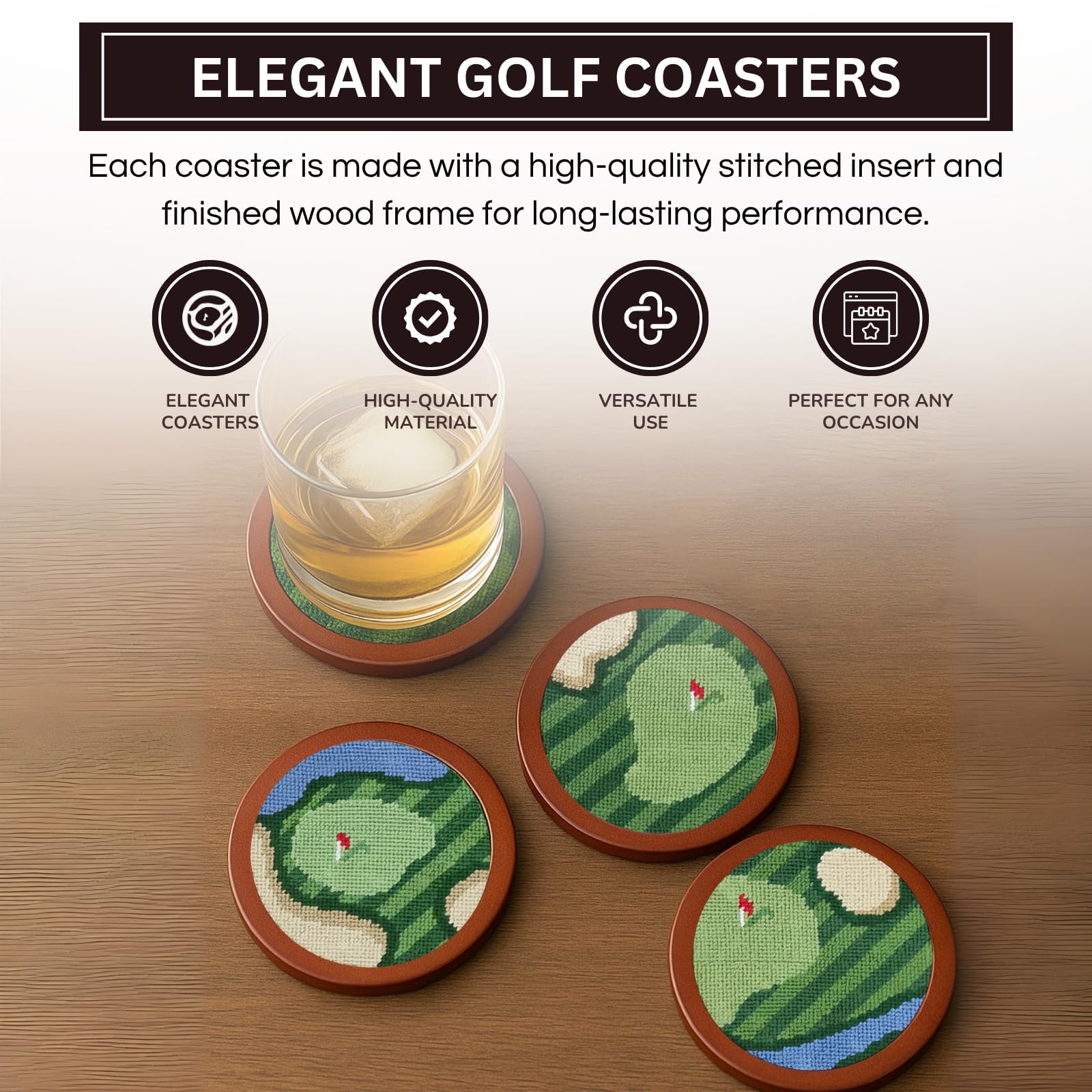 Golf Coasters, Durable Wooden Drink Coasters with Holder